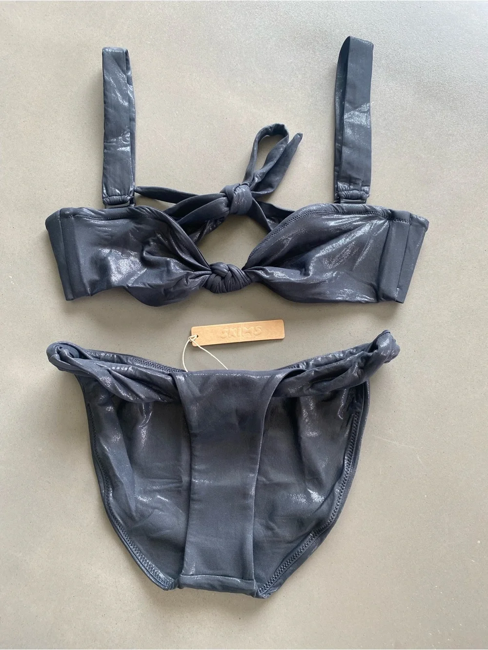 SKIMS Liquid Shine Black Strapless Knot Bandeau Bikini Set—S & XS